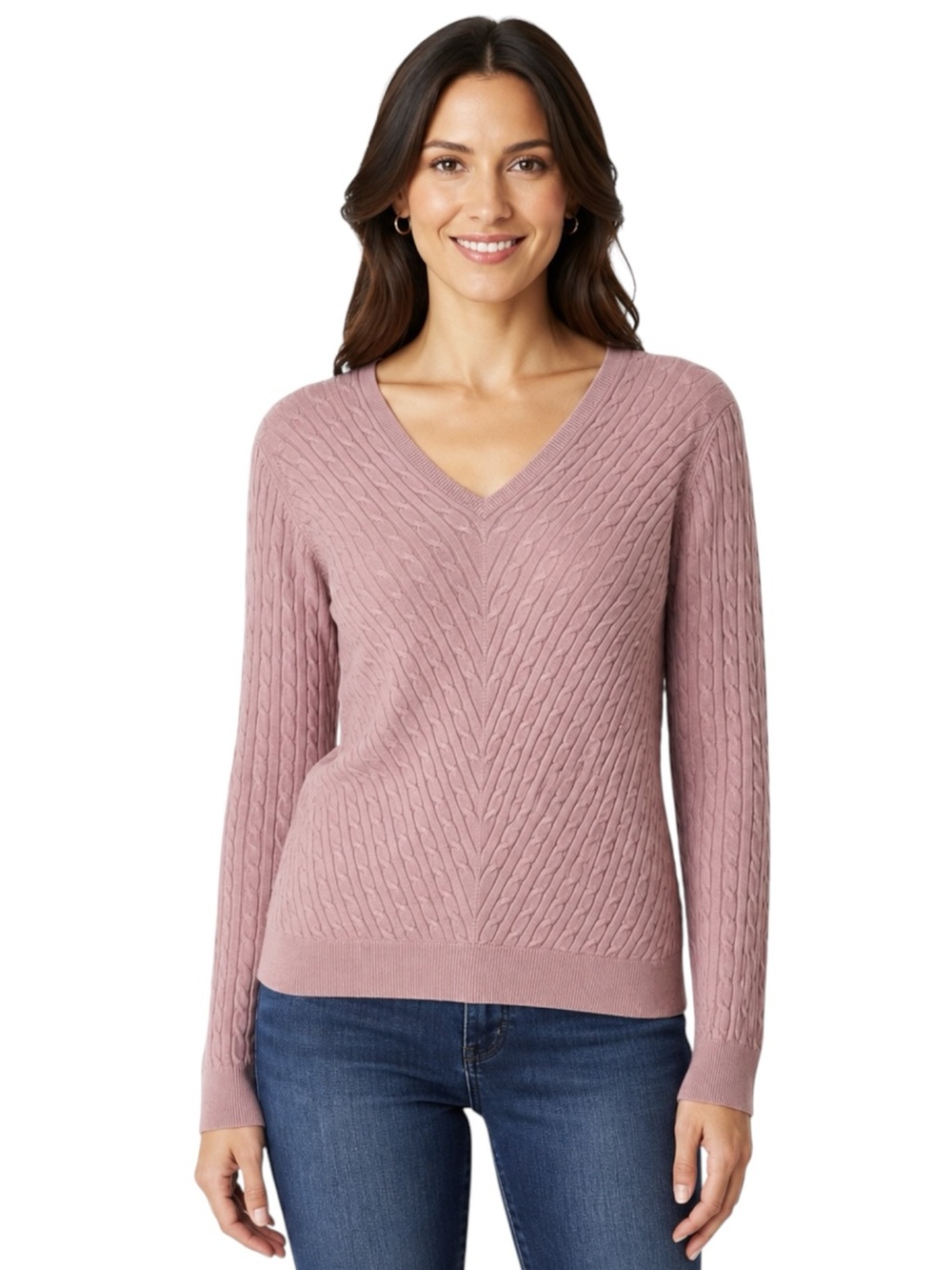 Ann Taylor Cable Knit V Neck Sweater Dusty Rose Pink Size Large